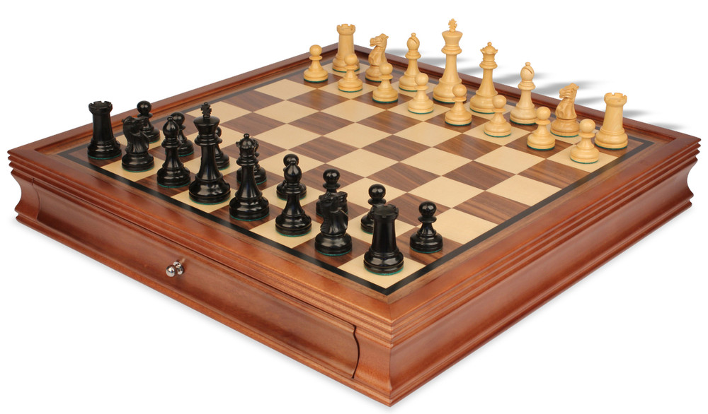 British Staunton Chess Set - Ebonized & Boxwood Pieces - Walnut Two-Drawer Chess Case - 3.5" King